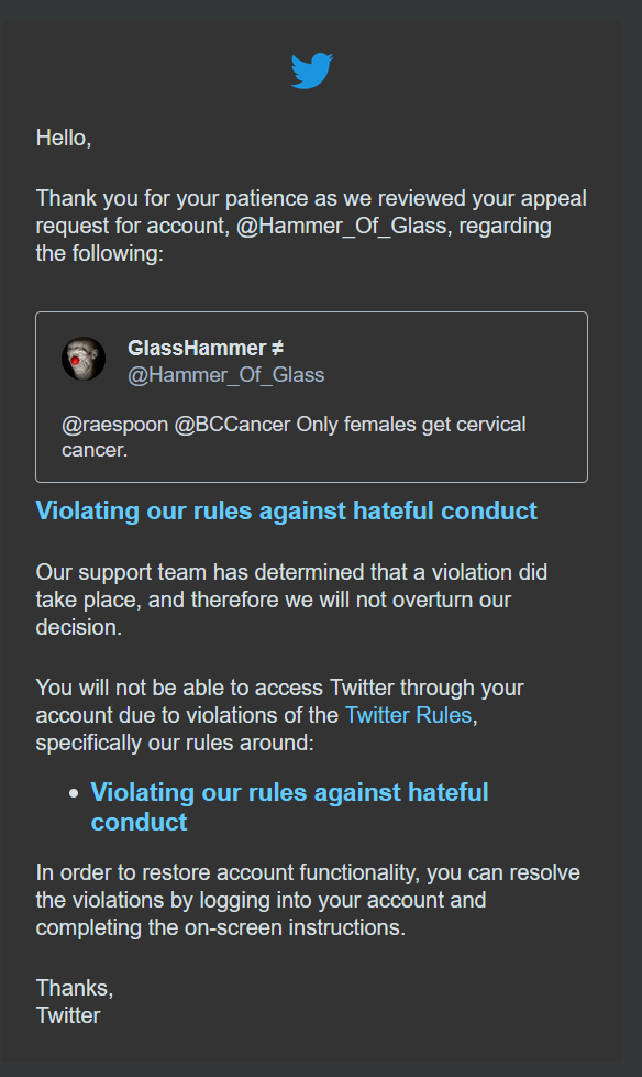 Special award to Twitter for deciding that the existence of sex violates their rules.  #nooneissayingsexdoesntexist