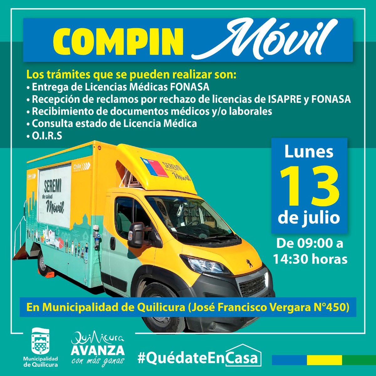 muniquilicura's tweet photo. 🟡¡ATENCIÓN VECINOS DE #QUILICURA!🟡

▫️El próximo lunes 13 de julio se instalará una oficina móvil de la Compin en nuestro municipio (José Francisco Vergara N•450), entre las 09:00 y las 14:30 horas.

👀 Revisa en la siguiente gráfica los trámites que se pueden realizar 👇🏼👇🏼👇🏼 https://t.co/hNehfo3nNi