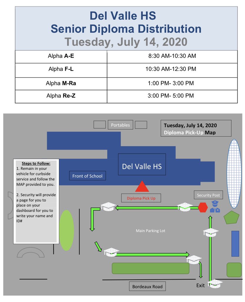 DVHSYISD's tweet photo. ALERT: Diploma distribution will be Tuesday, July 14th. Please see schedule and map for more details. #OFOD #ItsWhatWeDo #WeAreOne #THEDISTRICTofChampions #WeDeliverExcellence #NavigateYourPath @ysletaisd https://t.co/QRE2vlHXhN