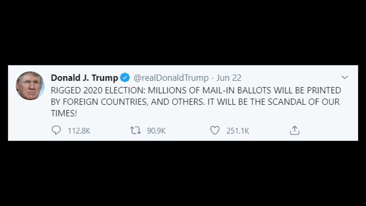 ** Enter the  #VoterSuppressorInChief ** @realdonaldtrump has repeatedly turned to his Twitter bully pulpit to tout false claims of voter fraud and sow confusion around our voting processes. Just a few of many recent examples  (6/17)