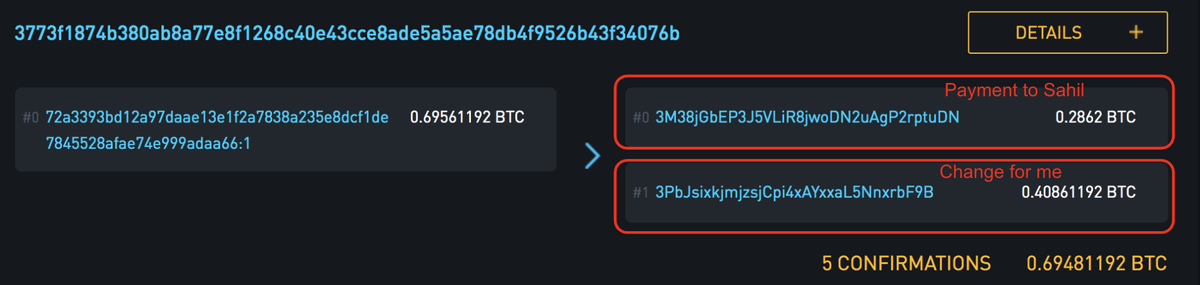 Bitcoin uses a similar concept of Change.For me to pay  @SahilBloom 0.2862 using my 0.69561192 UTXO, I'll create a transaction with two Outputs:One for 0.2862 to SahilAnd one that gives the remaining 0.40861192 change back to me