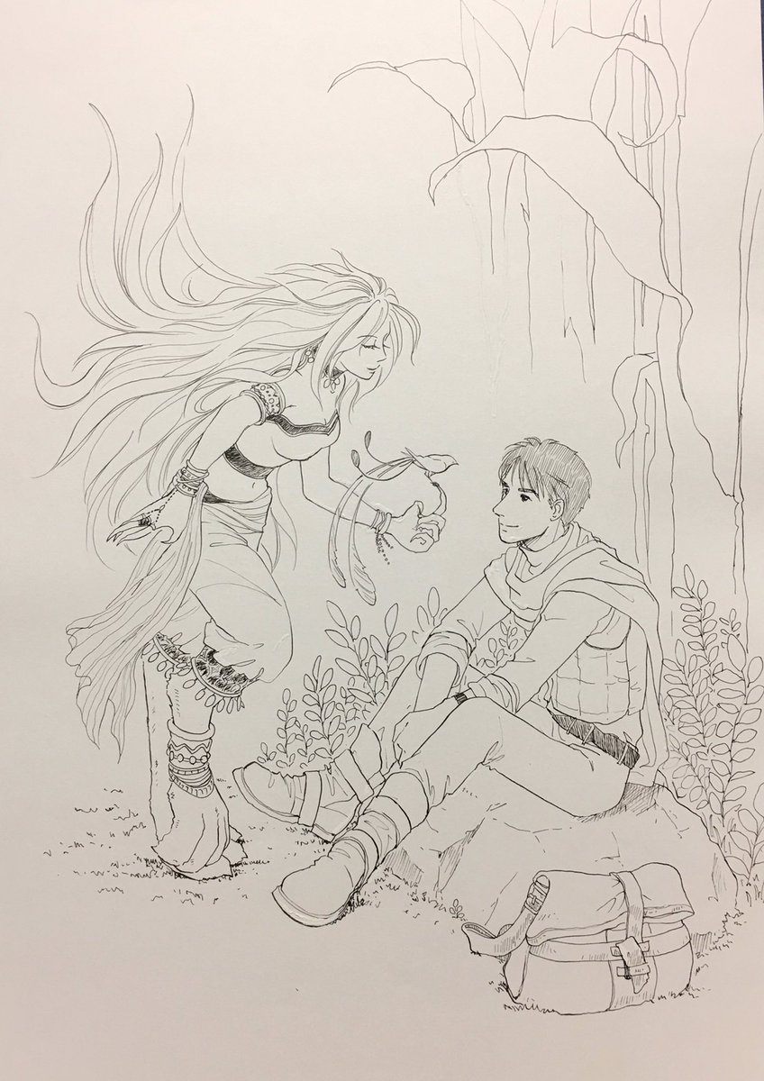 ねこにゃ 雨の音が大きくなってきました せめて梅雨らしく降ってくれたらなあ 過去イラスト 福田素子さんのマンガ教室の希望者で作った冊子 まんくる に載せて頂いた一枚です 密林の夜の道案内嬢と迷子 設定 シンプル仕上げです イラスト 絵 獣人