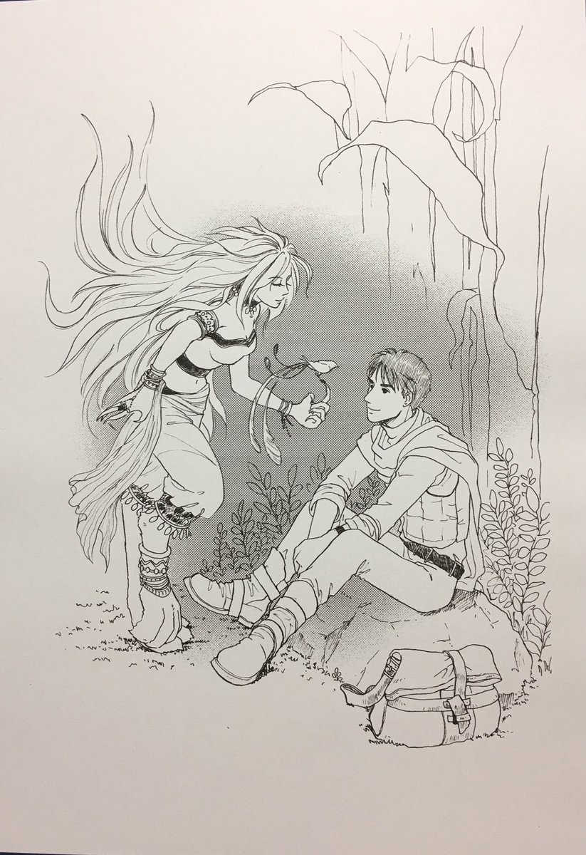 ねこにゃ 雨の音が大きくなってきました せめて梅雨らしく降ってくれたらなあ 過去イラスト 福田素子さんのマンガ教室の希望者で作った冊子 まんくる に載せて頂いた一枚です 密林の夜の道案内嬢と迷子 設定 シンプル仕上げです イラスト 絵 獣人