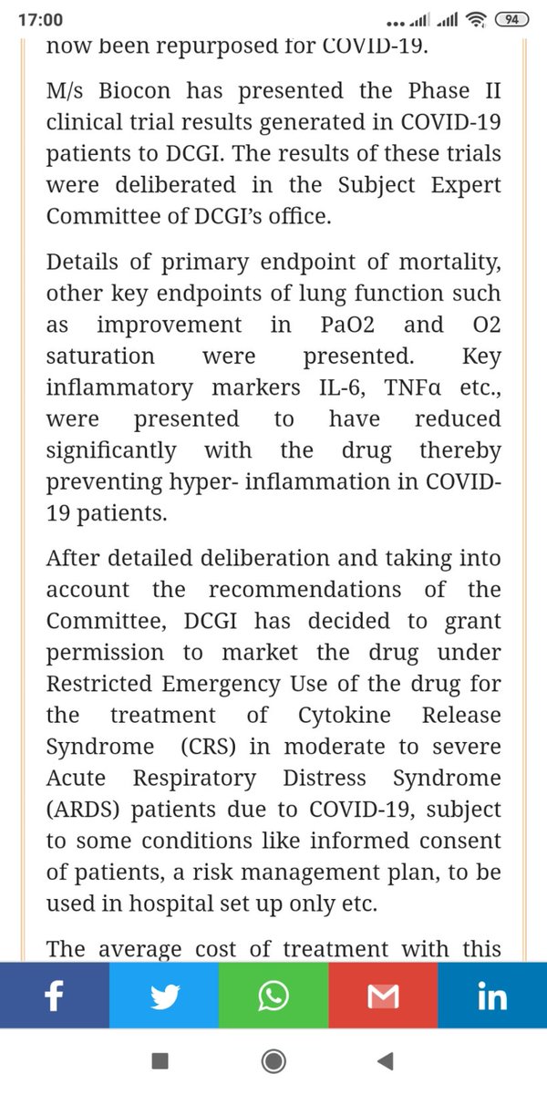 This PIB press release , curiously (can't be accessed now). Shows some benefits in secondary end point. No apparent benefits in Primary Outcome(possible due to underpowered nature of this feasibility trial). https://twitter.com/PIB_India/status/1281846860743716865?s=20