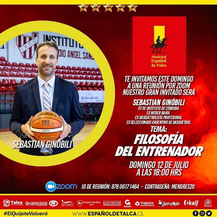 Los amigos de <a href="/SeriesTalca/">Series Menores ESPAÑOL DE TALCA</a> te invitan para este domingo a las 18:00 hrs a su sesión de conversación con un gran invitado internacional, #SebastianGinobili, DT de Instituto de Córdoba, Ex Weber Bahía y
Ex Seleccionado Argentino de Básquetbol. 
No te lo pierdas!!
