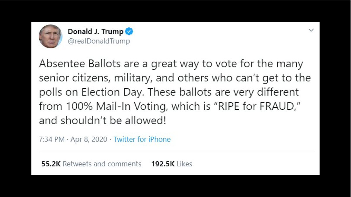 And recently, Trump launched his latest disinformation campaign by drawing false distinctions between “mail in” and “absentee” ballots. He is deliberately doing this to confuse people. (9/17)