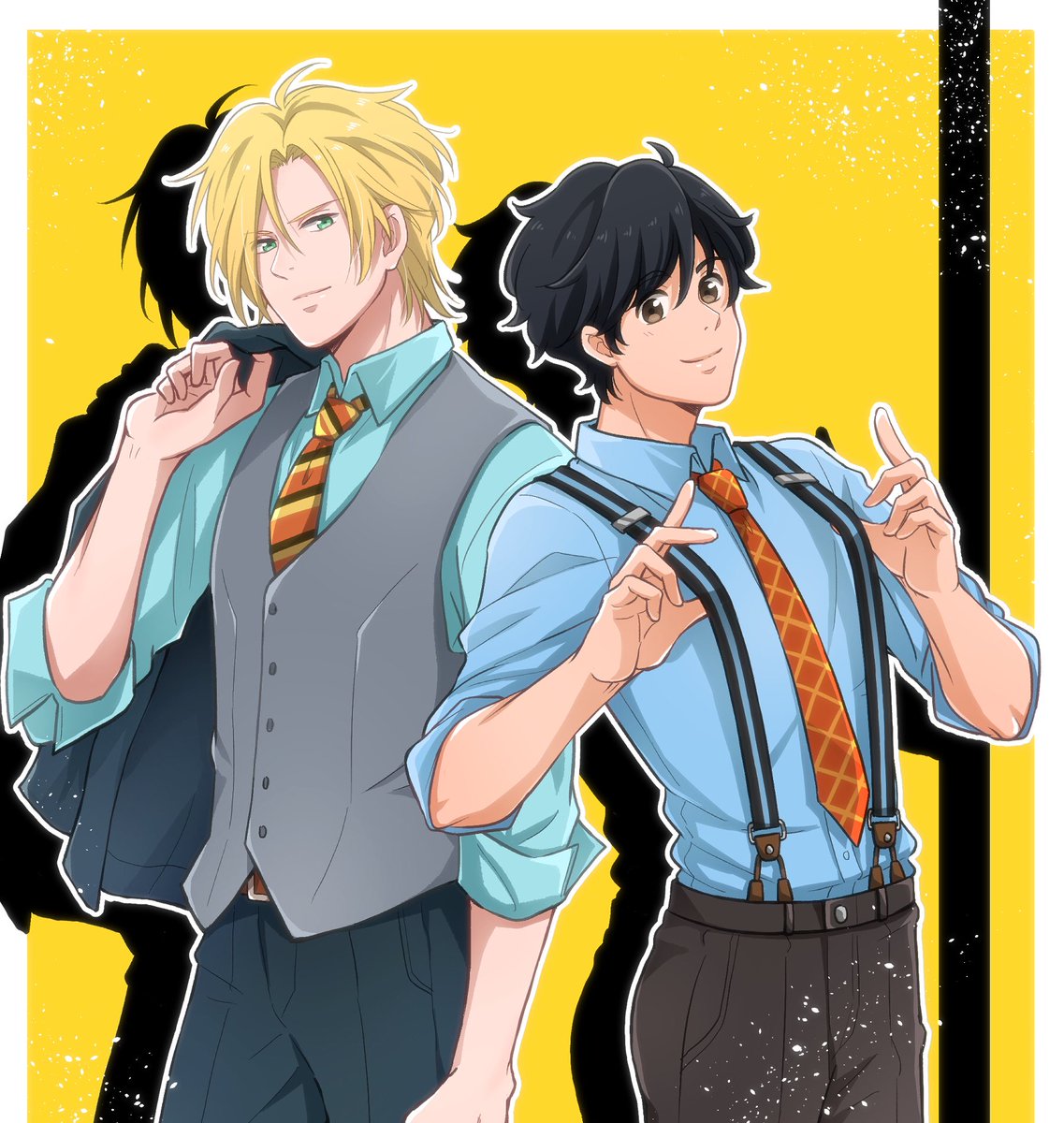 2boys multiple boys suspenders blonde hair necktie black hair male focus  illustration images