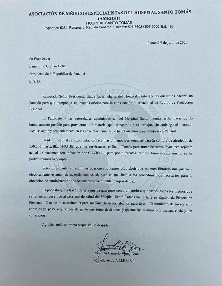 radiopanama's tweet photo. Carta al presidente @nitocortizo de la Asociación de médicos especialistas del Hospital Santo Tomás #RadioPanama #Panama https://t.co/aKjQWqdUty