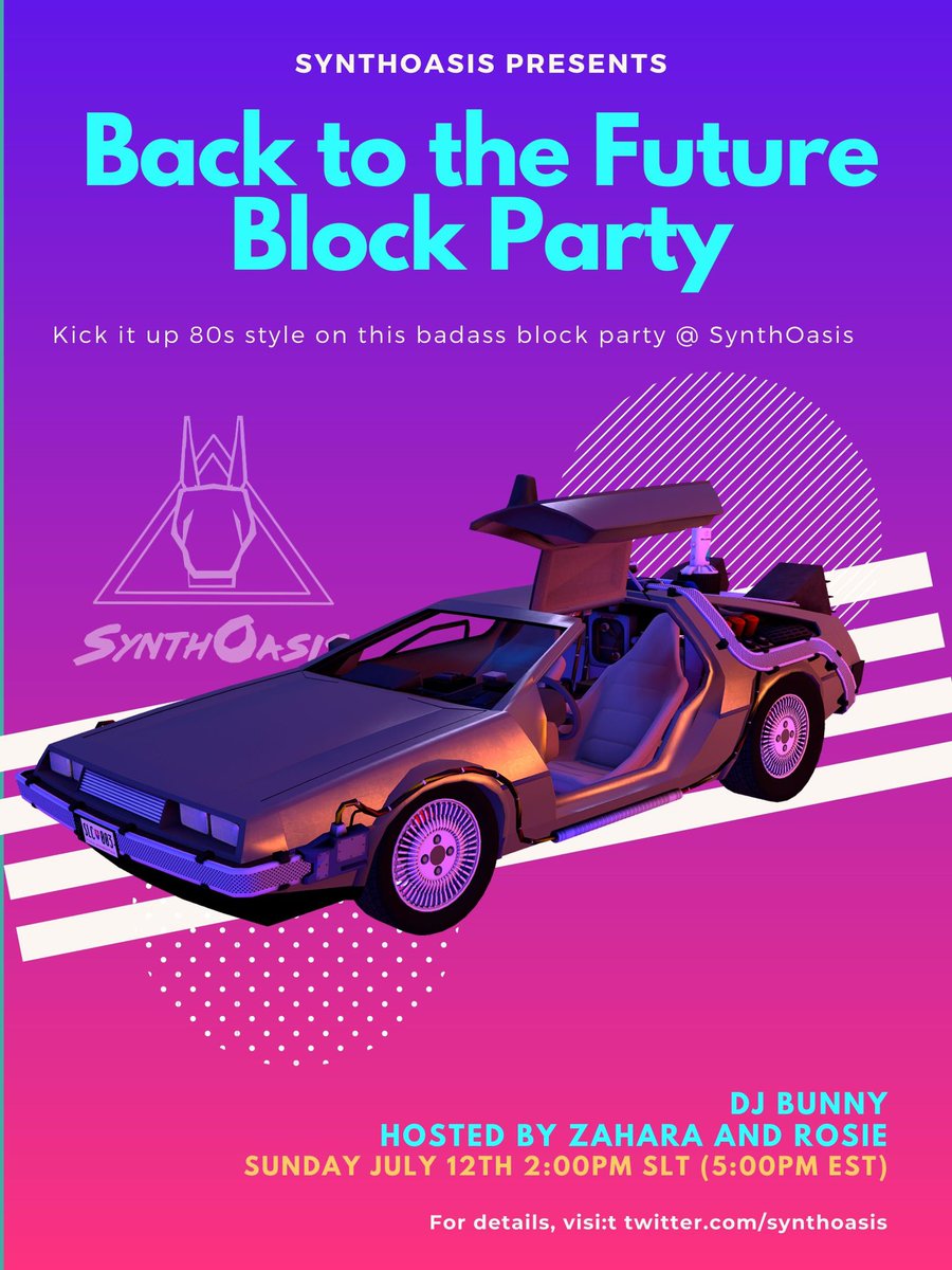 SynthOasis's tweet photo. #Sunday @SynthOasis will be having a #BTTFBlockParty with #DJBunny and those 80s sounds.
-
Hosted by the #CottonCandyQueen @RoselynnMeadow and the #ZeebQueen @Zahara_Stripes starting @ 2pm SLT (5pm EST)
-
TP: https://t.co/5hmo0TXyHb…
-
#synthoasis #secondlife #80s #neonlife https://t.co/aXC1esR6DT