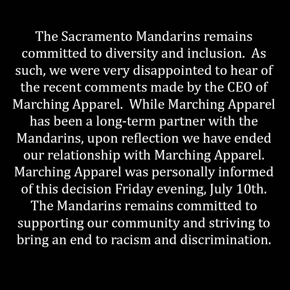 DCIMandarins's tweet photo. While Marching Apparel has been a long-term partner with the Mandarins, we have ended our relationship with Marching Apparel, Friday evening, July 10th. The Mandarins remains committed to supporting our community and striving to bring an end to racism and discrimination. https://t.co/yEZGxJNQwF