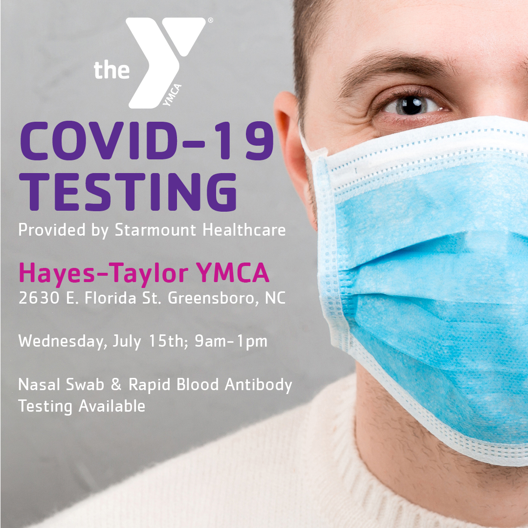 YMCAGreensboro's tweet photo. There will be a COVID 19 Testing site at the Hayes-Taylor Memorial YMCA on Wednesday July 15 from 9am-1pm!  You are not required to pre-register but if you wish to do so please visit https://t.co/aEdQ53I0qO and select “Guilford County” as your testing site in the drop-down menu. https://t.co/tdfer5Pdmc