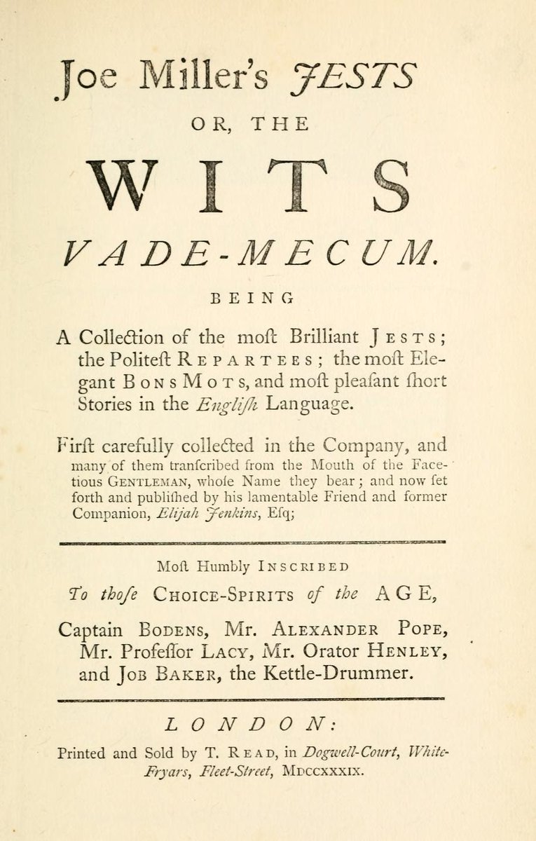 The book in question is Joe Miller's Jests (1739) — a famous anthology of quips and comic annecdotes that was regularly reprinted and expanded. I'm comparing the original text to an edition that circulated in the 1830s and 1840s (so, fairly early in the Victorian era). /2