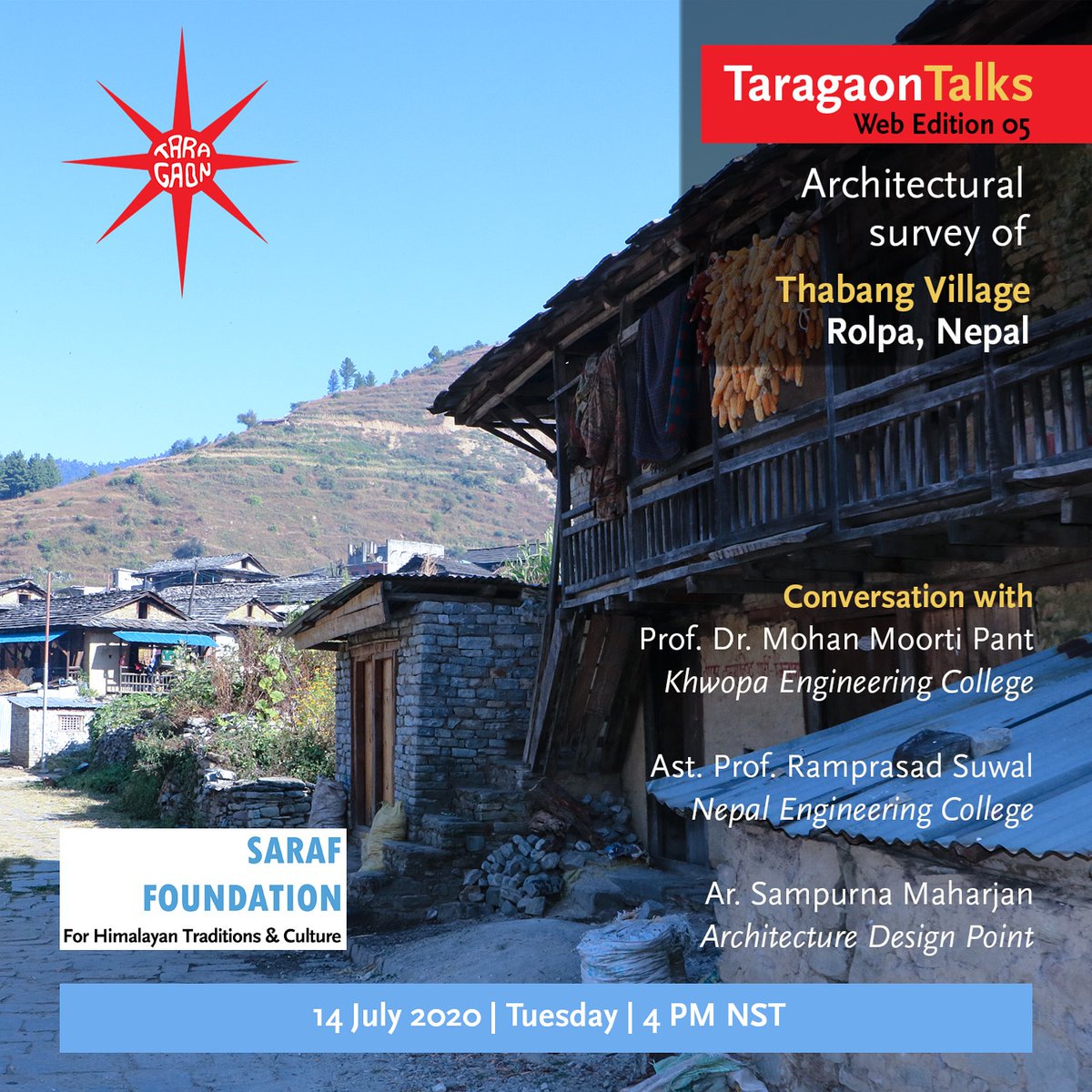 TaragaonMuseum's tweet photo. Conversations with Prof. Dr. Mohan Pant, Ast. Prof. Ramprasad Suwal &amp; Ar. Sampurna Maharjan!

About an architectural survey of Magar settlement in Thabang Village, Rolpa.
@Saraf_HTC
@r0shanmishra
#TaragaonTalks Web Edition 05
#TaragaonMuseum

More info at: https://t.co/L4G1TjS1k6 https://t.co/rZ6354mbGQ