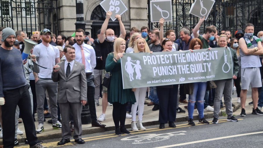 So today a group of the Irish far right ‘protested’ outside the Dáil. They’ve decided that because the minister for children is LGBTQI they can wrongfully conflate that with paedophilia - a common theme of these hate mongers since at least 1933. Note the noose!  #MarchforInnocence