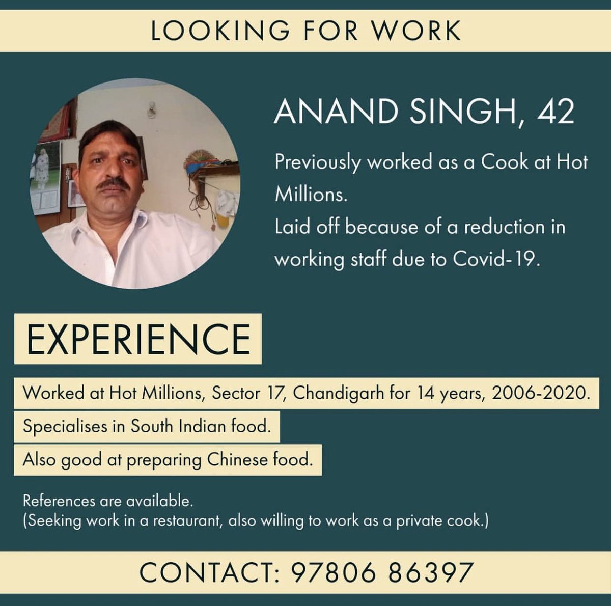 Help Mr Anand singh in finding a job 😊