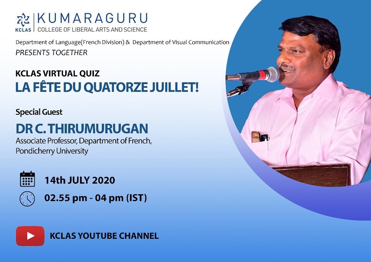 ClipithaDominic's tweet photo. La fête du Quatorze Juillet!
Let's celebrate it by exploring with our rhetoric personality Thirumurugan Calivarathan- from the French Flair of India - Puducherry.
Register here : https://t.co/vtdViUyFqs
Liberté - Égalité - Fraternité !
@IFInde @FranceinPondi @PondiUniVC https://t.co/a7YMpBqqdt