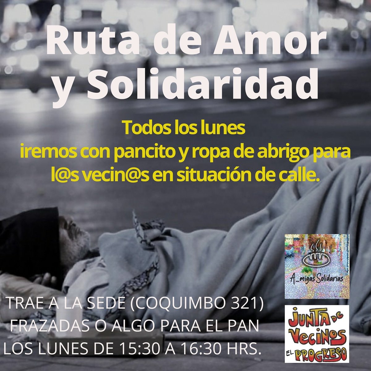 Este lunes vamos nuevamente a la Calle a entregar pancito y amor  !
Si quieres sumarte al equipo o entregar algún aporte como queso, mantequilla mayonesa, jamón, tomates, lechuga, servilletas, etc. Comunícate al +57971773190