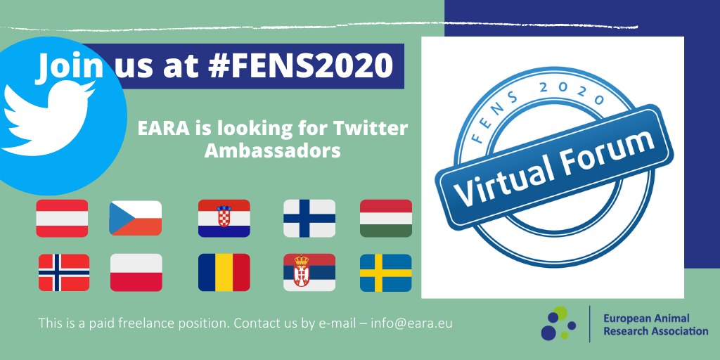 The_EARA's tweet photo. #EARA is looking for Twitter ambassadors! 

This is a paid freelance position. If you are interested in becoming an EARA Twitter Ambassador contact us by e-mail – info@eara.eu.  

#FENS2020 #animalresearch https://t.co/W7biNOGUyM