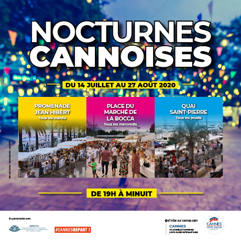 VisitCotedazur's tweet photo. C'est le retour des #NocturnesCannoises !

Les mardis soirs sur le boulevard Jean Hibert
Les mercredis soirs sur la Place du Marché de La Bocca 
Les jeudis soirs sur le quai Saint-Pierre

De 19h à minuit

#CotedAzurFrance #ChangezDeDecor #CannesRepart @CannesIsYours https://t.co/3abIVqFMdA