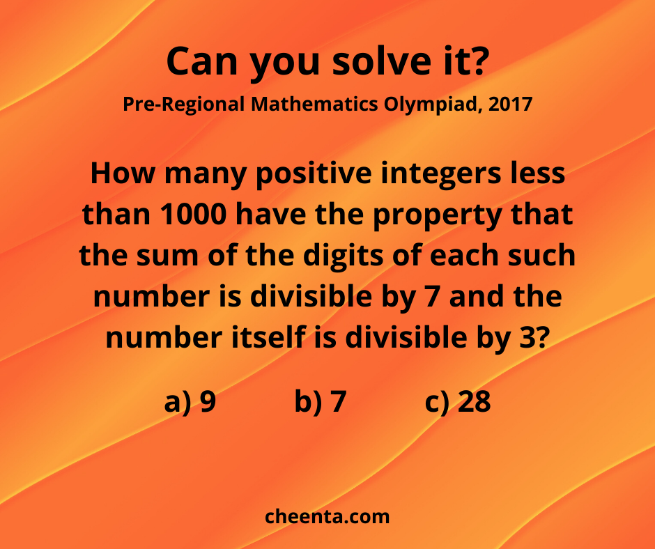 CheentaMath's tweet image. Try this problem from Pre-Regional Mathematics Olympiad, PRMO, 2017 based on positive integer and share your answer with us. Check your solution here: zcu.io/J9xe

#prmo #matholympiad #positiveintegers #integerproblem #cheentamaths