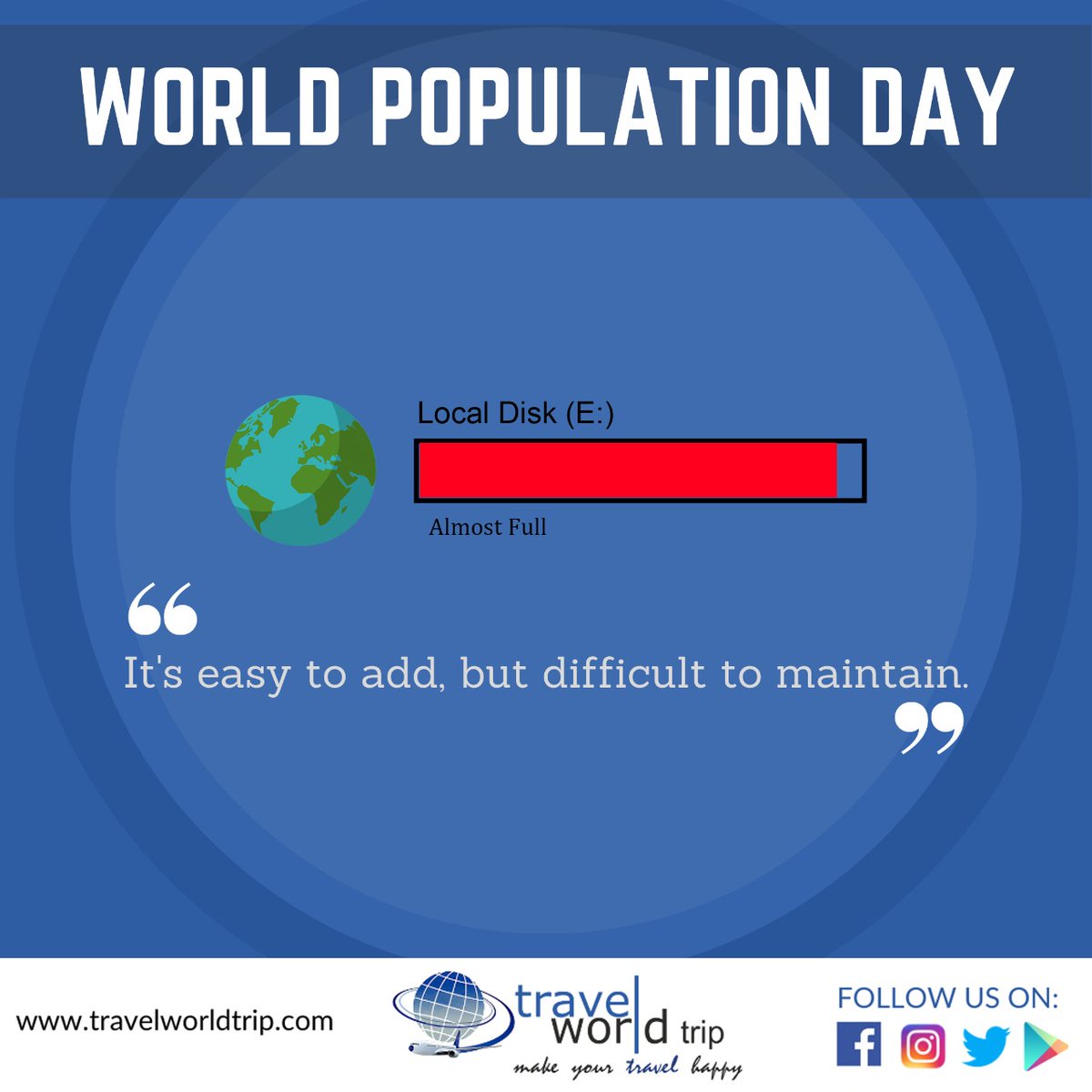 Let's save Earth by controlling the population. On the occasion of World Population Day, let us make a promise to ourselves to be more responsible towards the increasing population. 

#travelworldtrip #WorldPopulationDay #WorldPopulationDay2020