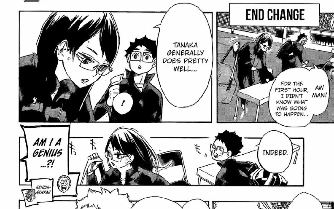 Also, not to mention that this made Tanaka realize that the reason why Kiyoko always reject his offer is because the bag is actually light and not just because Kiyoko doesn't want him to.And that counts for something as well. :)
