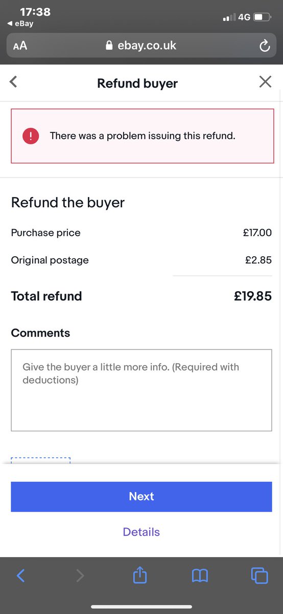 MSherran's tweet photo. @AskeBay I’m unable to process a refund on a returned item. Not sure why? https://t.co/BWmuENtdEs