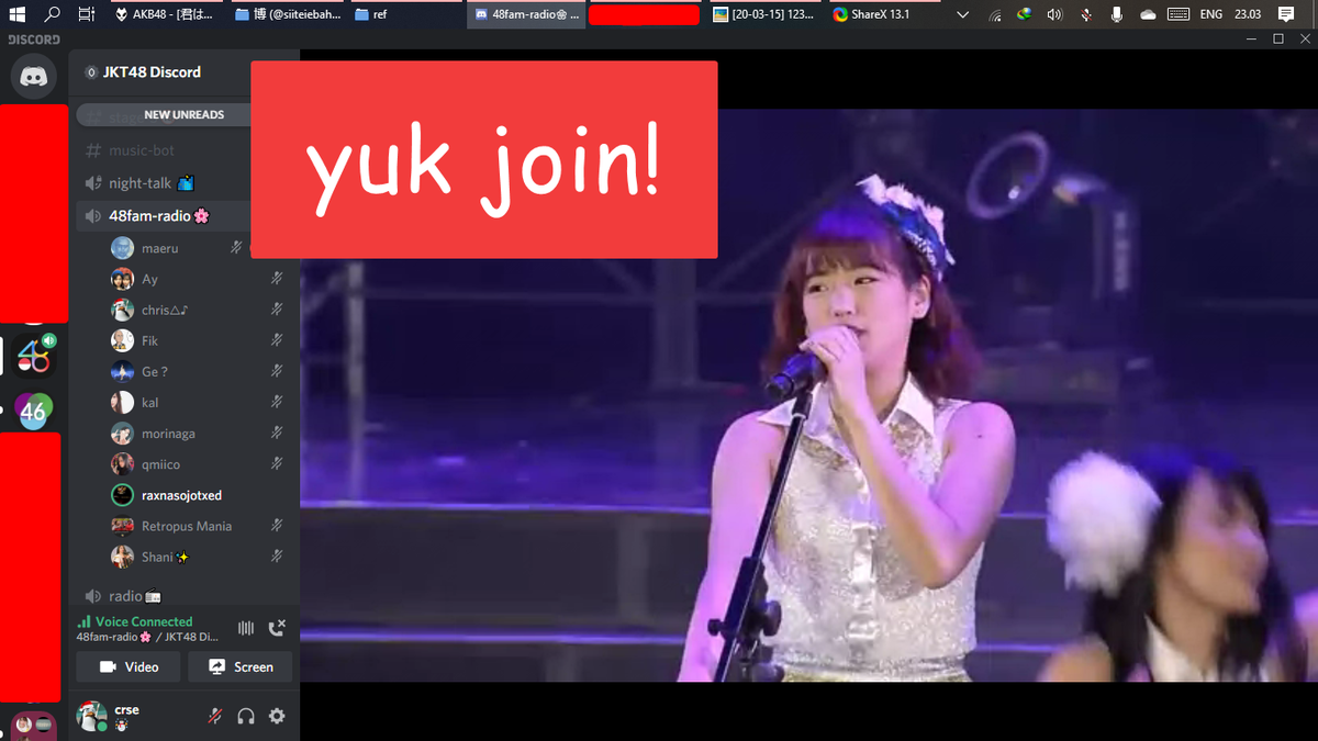 Yuk juga gabung JKT48 Discord ( https://discord.gg/dAfUNWM&nbsp;) dan 46 fam/Sakamichi Discord ( https://discord.gg/vhDpC5H&nbsp;)Entar sering-sering streaming konser dkk heheYang punya server Discord jejepangan boleh partnership :)