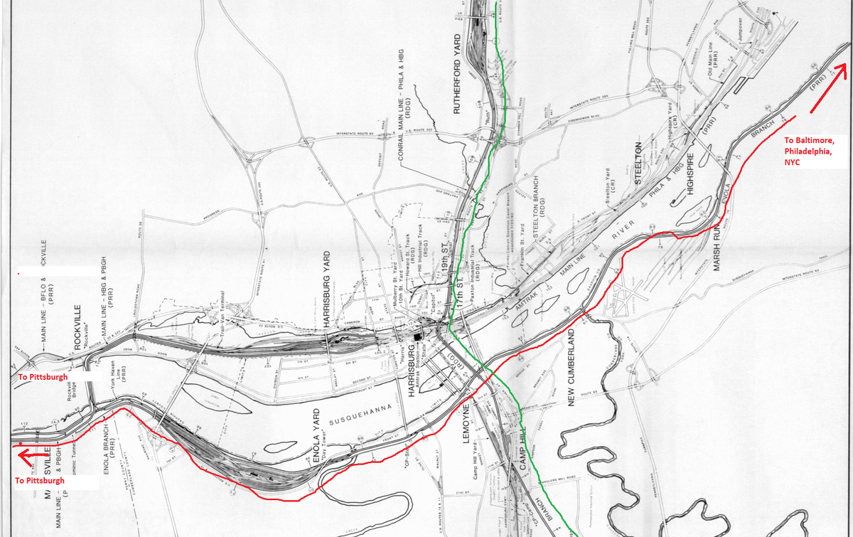 Those traffic patterns gave rise to a massive yard at the natural aggregation point for traffic: Enola, near Harrisburg, where the lines from Philly/NYC and Baltimore converged before crossing the Alleghenies. (Red = PRR, green = Reading RR; keep this in the back of your mind)