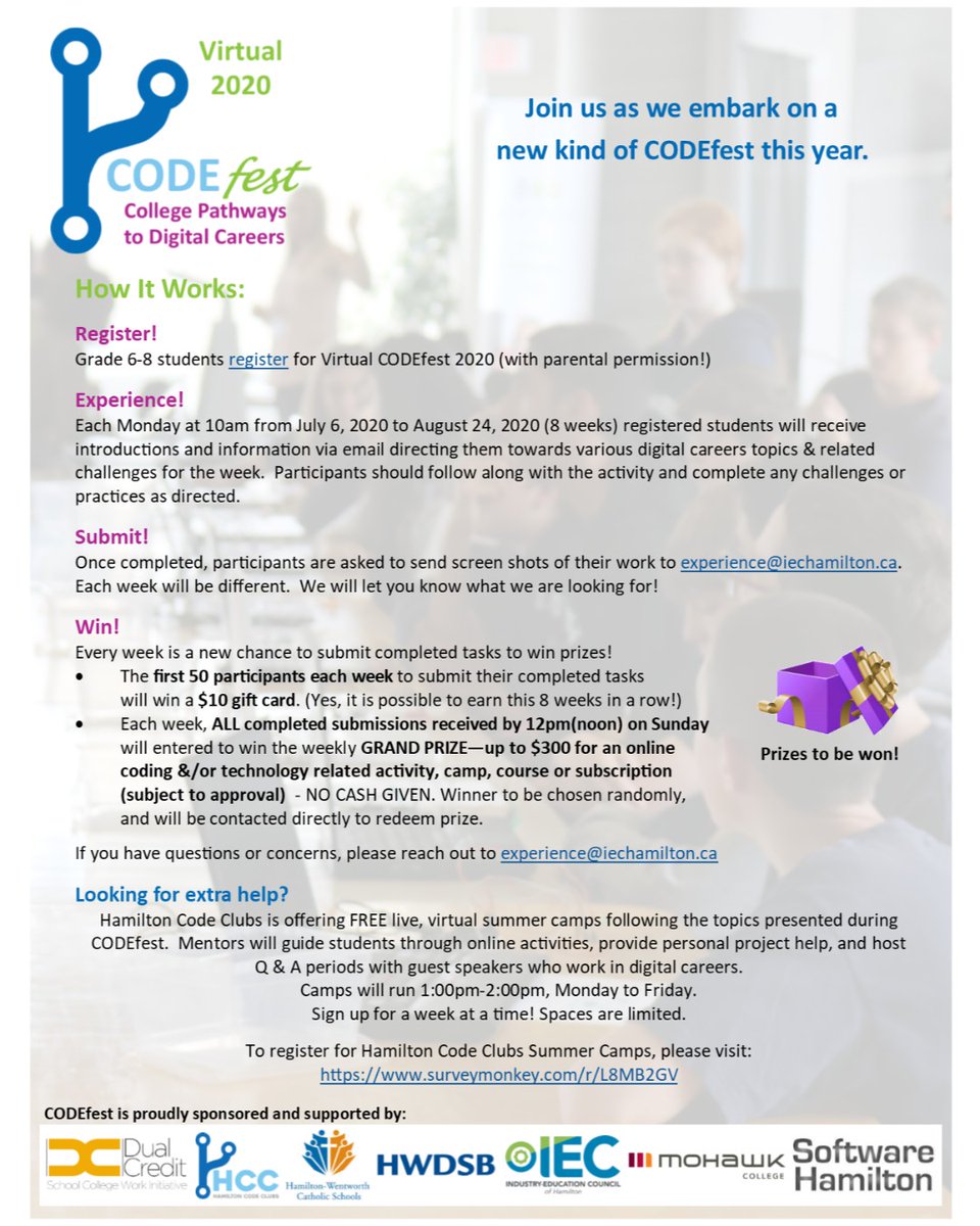 IECHamilton's tweet image. If you are in grades 7 or 8 and haven't signed up for #CODEfest2020 yet, what are you waiting for? We have 50 $10 prizes each week plus one grand prize each week! You still have until Sunday (tomorrow) at noon to get your challenges submitted for Week 1.
hamiltoncodeclubs.com/codefest-2020/