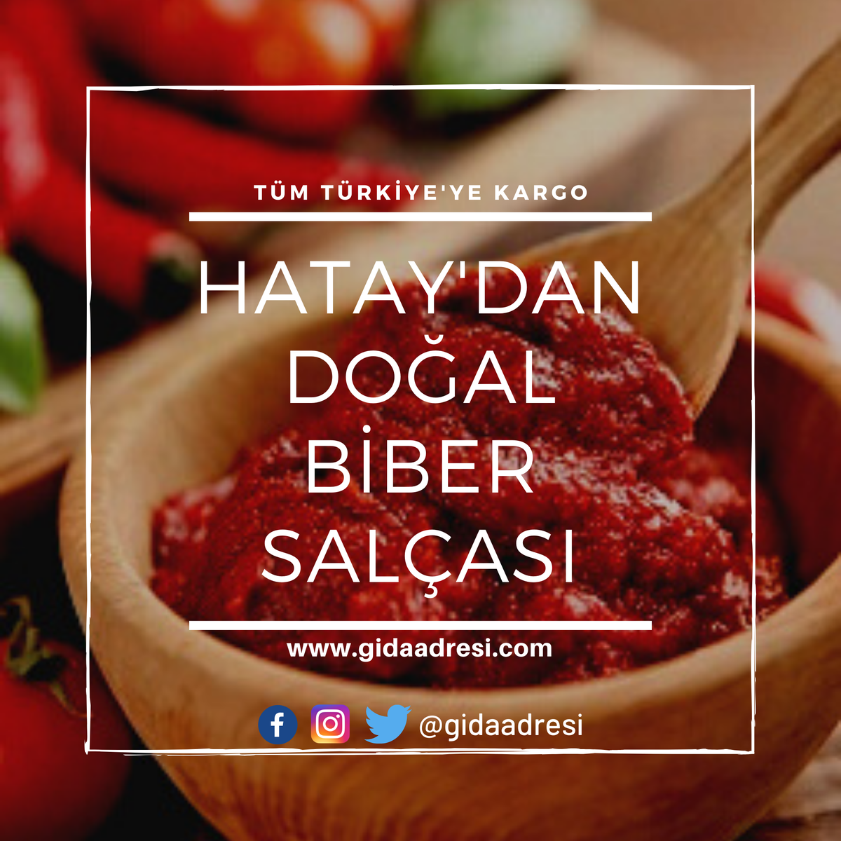 Sende salçanı Hatay'dan doğal haliyle al. Şimdi gidaadresi.com'dan sipariş ver.
--------------------------------------
#doğalgıda #yöreselgıda #organikgıda #organik #yöresel #gidaadresi #doğal #hatayyöresel #hatay #hataygida