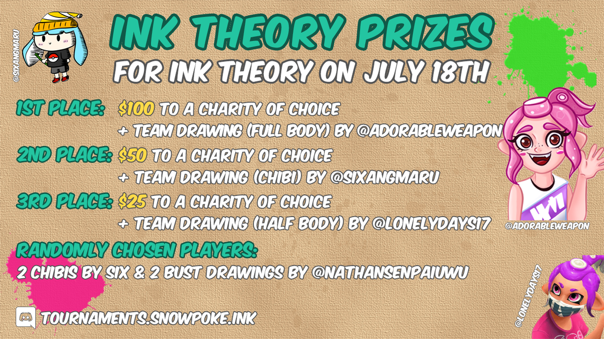 snowpoke93's tweet photo. Ink Theory July's prizes are going to be our biggest ever! 🥳 Thanks to the generosity of @lonelydays17, @AdorableWeapon, @sixangmaru and @NathanSenpaiUwU, prizes contain tons of amazing art and $175 to charity! Don't miss out and sign up on https://t.co/UTNjvS9jwo https://t.co/fQvGXCtuUT