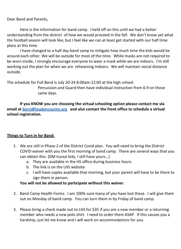 LHSRedskinBand's tweet photo. COVID-19 can’t stop the sound of Loudon! See attached photos for Band Camp 2020 information and safety protocols. DM this account with any questions and spread the word. Go Big Red ‼️ https://t.co/nPyLsgmKpB