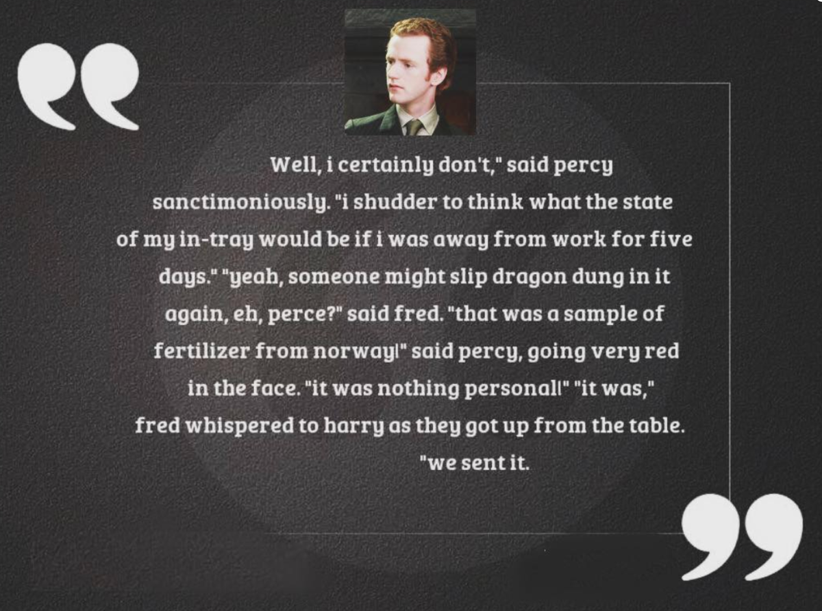MuggleNet's tweet photo. Percy has been tricked several times by the twins, and in this bit of #MagicalMischief, Fred and George sent him dragon dung while telling him it was special Norwegian fertilizer. π©
#HarryPotter #theWeasleys #MagicalMischief #PrankWeek https://t.co/5nl6IZL9GG