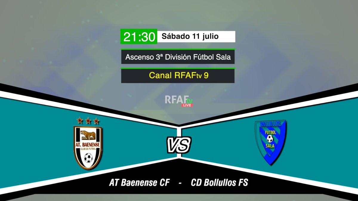 #VillanuevadeTapia va a acoger los #PlayOffsRFAF #futsal y comienzan hoy con el <a href="/AtlBaenense/">Atlético Baenense</a> 🆚 <a href="/BollullosFutsal/">C.D Bollullos Futsal</a> 

No te lo pierdas a partir de las 21:30 en el canal #RFAFtv 9 👉 Puedes verlo directamente en este enlace bit.ly/2ZZchd3 o descargando la app de <a href="/RFAF_tv/">RFAFtv</a>