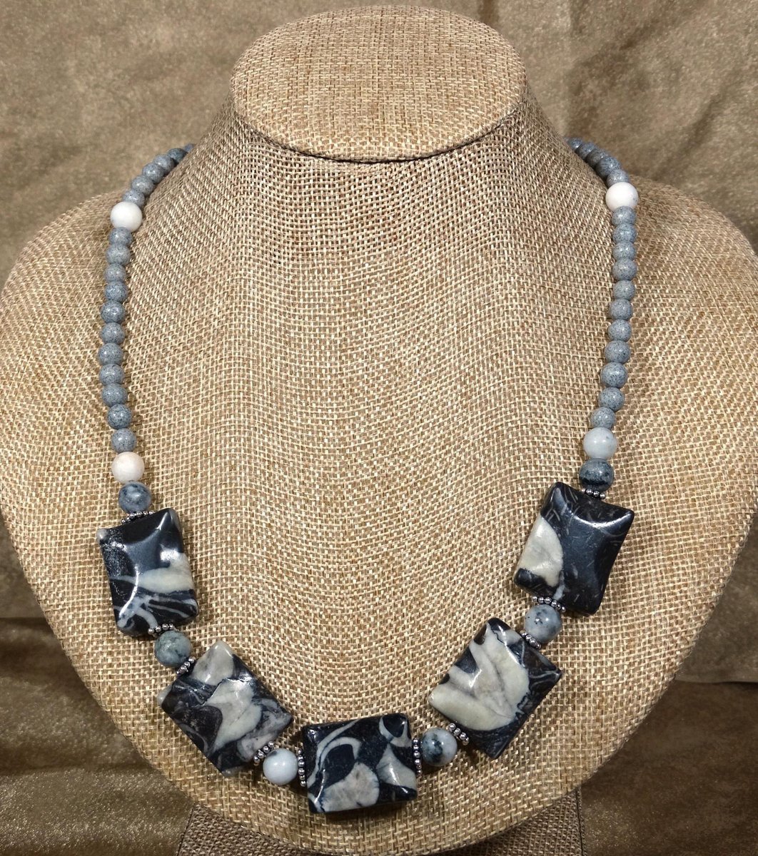 ElegantJewelryD's tweet photo. An Everyday Statement Necklace! Now #forsale: Zebra and Green Earth Jasper, Black Spot Feldspar and Sterling Silver Necklace
https://t.co/Dkgdwgc0GR
#elegantjewelrydesign #elegantjewelrybydj #naturalstone #sterlingsilver #handbeaded #necklace #beadedjewelry #etsyshop https://t.co/wxN5ZY6zLC