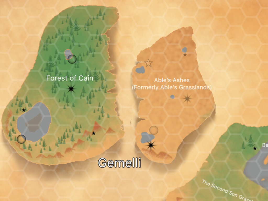 20 days to go! #Gemelli, or The Twins, weren’t always separate islands. On the south edge of the large island is the Misty Mountains, where the #tabaxi, #Seeks was born. #ampthecast #dnd #podcast #worldmap #cartography #actuallyautistic #autistic #autisticcharacter #adhd
