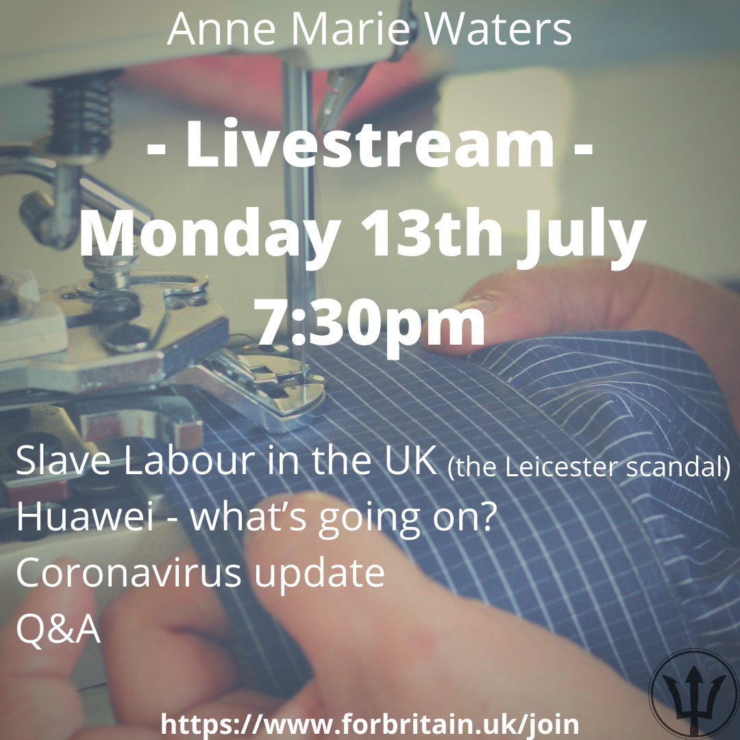 AMWHartlepool's tweet photo. Remember to tune - Monday 13th July 7:30pm where #ForBritain party leader #AnneMarieWaters will be LIVE! On...
✅ YouTube
✅ Facebook
✅ Website
#slavelabouruk #slavelabourleicester #Coronavirus #Huawei https://t.co/u1MLF13JeZ