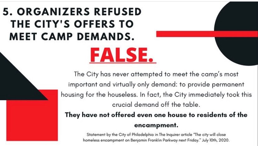 5. Did the encampments refuse the city's offers to meet our demands? FALSE.Our most important demand is to provide permanent housing for the houseless. The city immediately took this off the table.