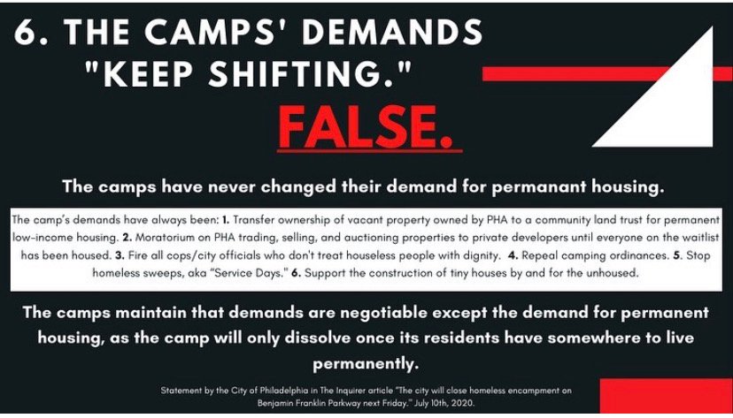 6. Do our demands "keep shifting"? FALSE.Our demand is for permanent housing. We have a number of *proposals* for how the city can achieve that. But our non-negotiable position is the camp will only dissolve once residents have somewhere to live PERMANENTLY.