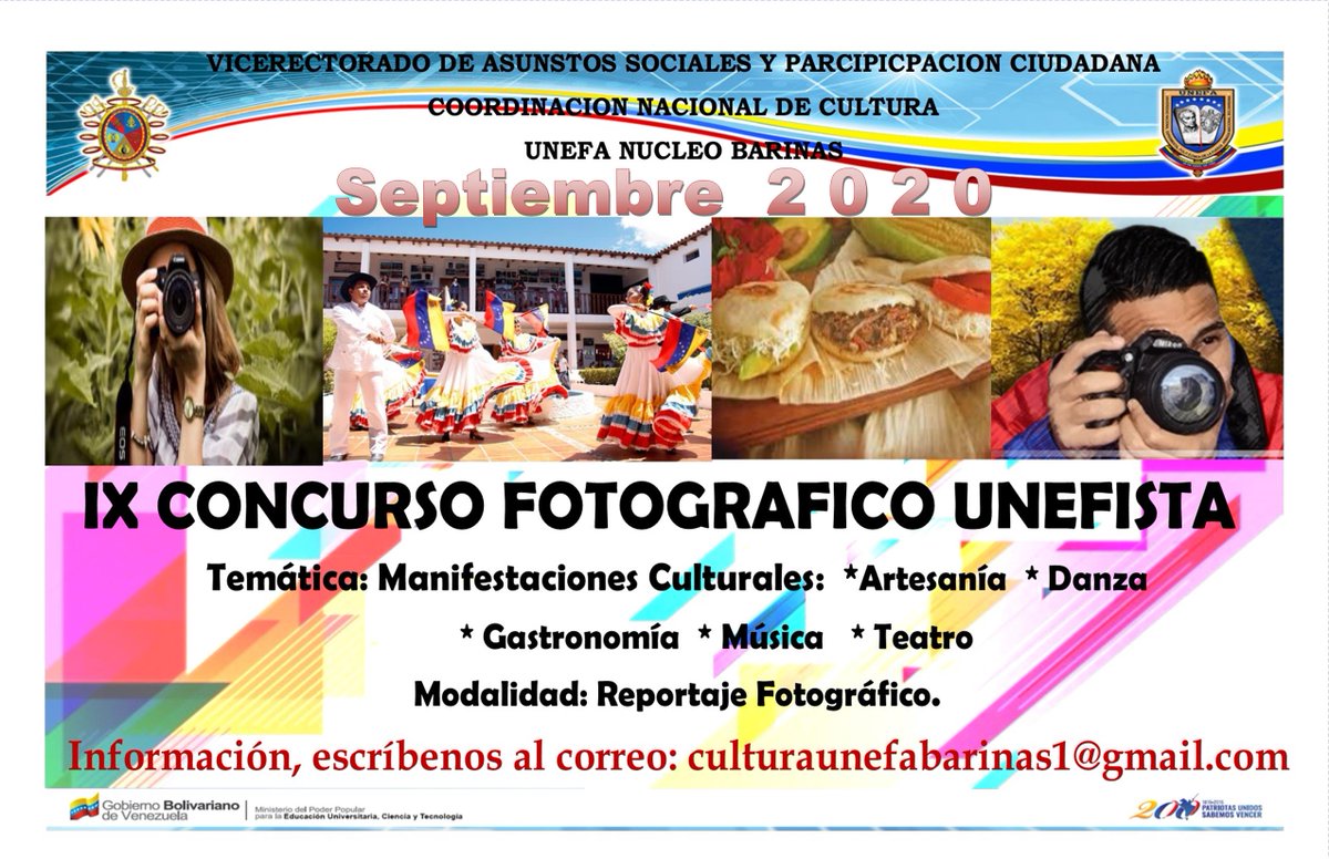 Unefa_Barinas's tweet photo. Atención #NúcleoBarinas‼Se extiende el lapso de participación para los Concursos UNEFISTAS: Concurso Fotográfico, Concurso Literario y el Festival de Creadores y Creadoras hasta el 30 de septiembre de 2020. Aprovecha @unefa_ven @angiolillofp @Educacion_MPPD @MPPEUVEN @SalaUnefa https://t.co/UMVL7pcBgW