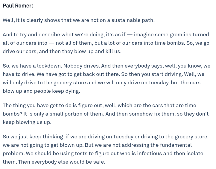 ok, so shut down. then what?- this is not new- we've known what to do for months: test, trace, supported isolation (ttsi)- here's pg1 of  @paulmromer's roadmap to reopening...from apr- and here is romer from last wk on  @NewsHour - here's harvard again18/