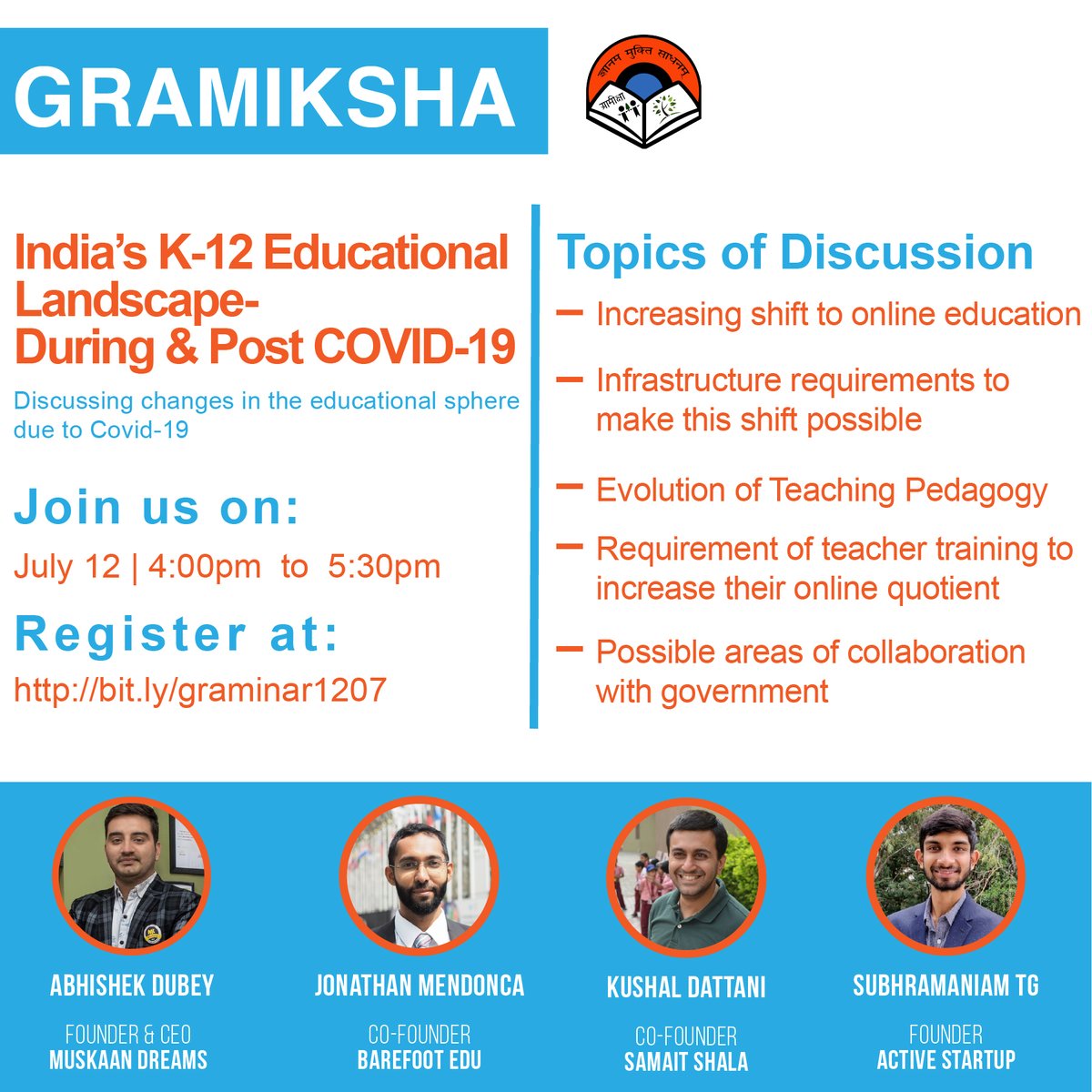 gramiksha's tweet photo. Team Gramiksha is all set for a power-packed conversation on "India's K-12 Educational Landscape During &amp; Post COVID-19" on 12th July, 4:00 PM to 5:30 PM

Have you registered for the webinar yet?
https://t.co/Rr1UL0p9m8

#Webinar #Graminar #educationsystem #Education4All #COVID19 https://t.co/Ximnzywsog