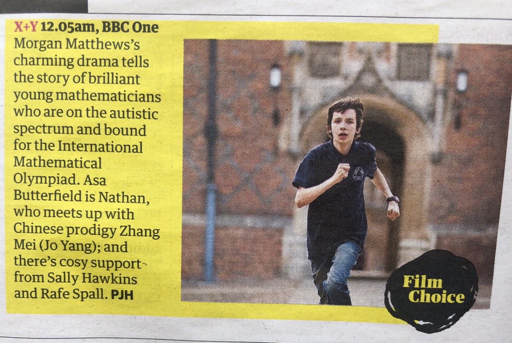 sbaigcasting's tweet photo. This lovely film #xplusy is on @BBCOne tonight. Wonderful central performance from @asabfb and across the whole cast. It was a special one for me. Please set record :) https://t.co/oQh9fTNG6d