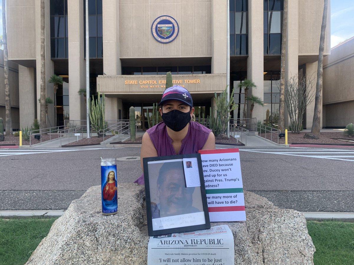 MarkedByCovid's tweet photo. With many mixed emotions, we’re heading back to San Francisco. But we left some important pieces behind at the #AZ governor’s office. Help us make this #ofrenda too big to ignore by adding your own mementos. #MarkedByCovid #MaskUpAZ #TrumpVirus #covid19 https://t.co/1Ow8IfmxgS