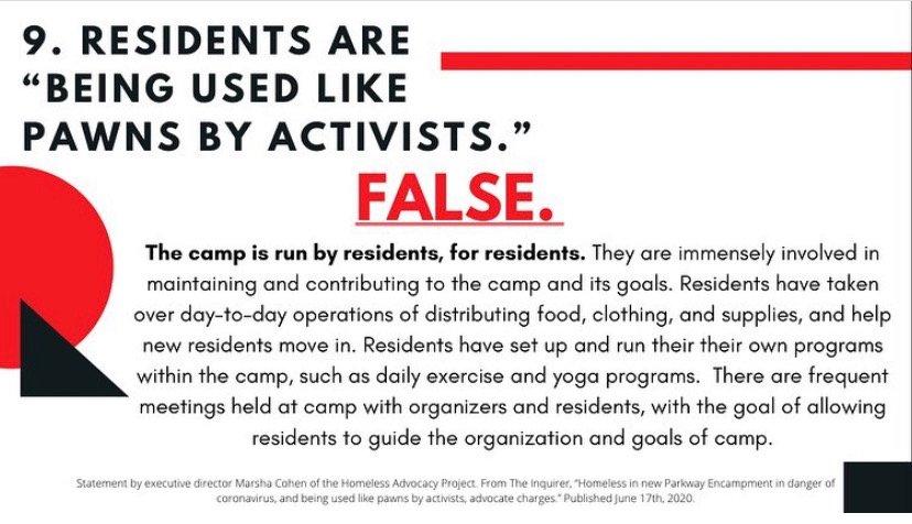 9. Residents are being "used" by activists. FALSE.The camps are run by residents for residents.