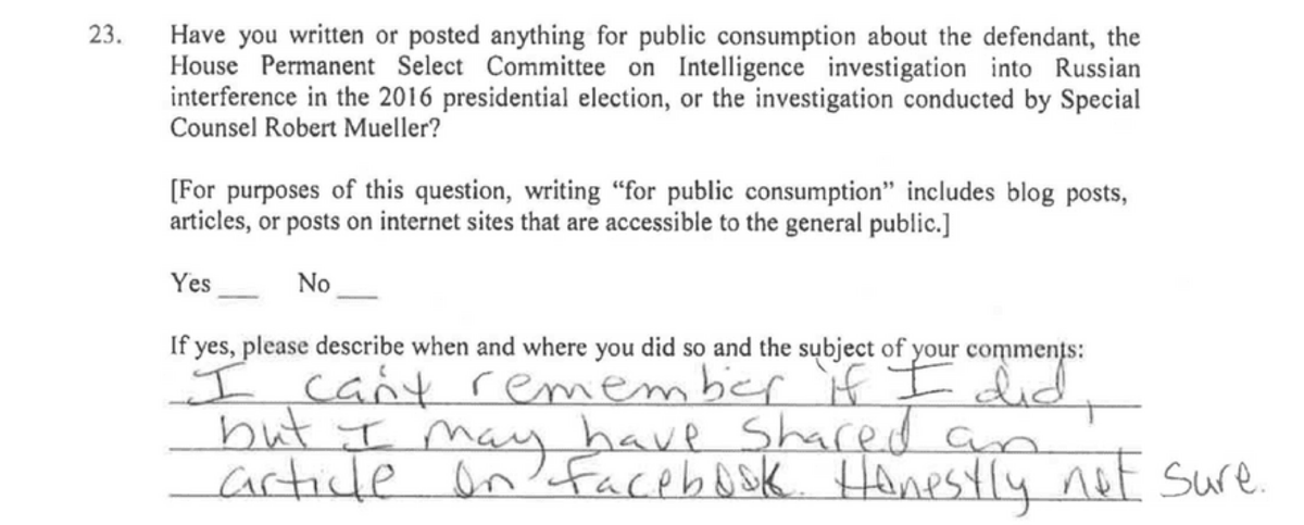 ...posted anything about Trump. She did, so therefore, in the Hannity/Stone/ @NunbergSam argument, she lied.But...what did she say? It is on her jury questionnaire - this is the purported "lie.".../6
