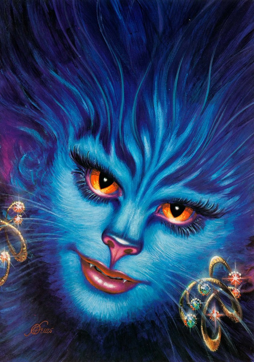 A very in-your-face Space Cat Saturday this time, from noted cat lover Frank Kelly Freas. It's his 1974 paperback cover to Louis Trimble's 'The Bodelan Way.'  #Caturday