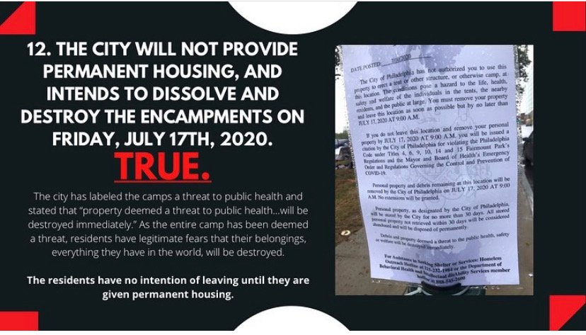 12. Does the city refuse to provide permanent housing to residents and instead destroy the encampments on Friday July 17th? TRUE.Yesterday, the city called the camps a threat to public health that must be "destroyed immediately."