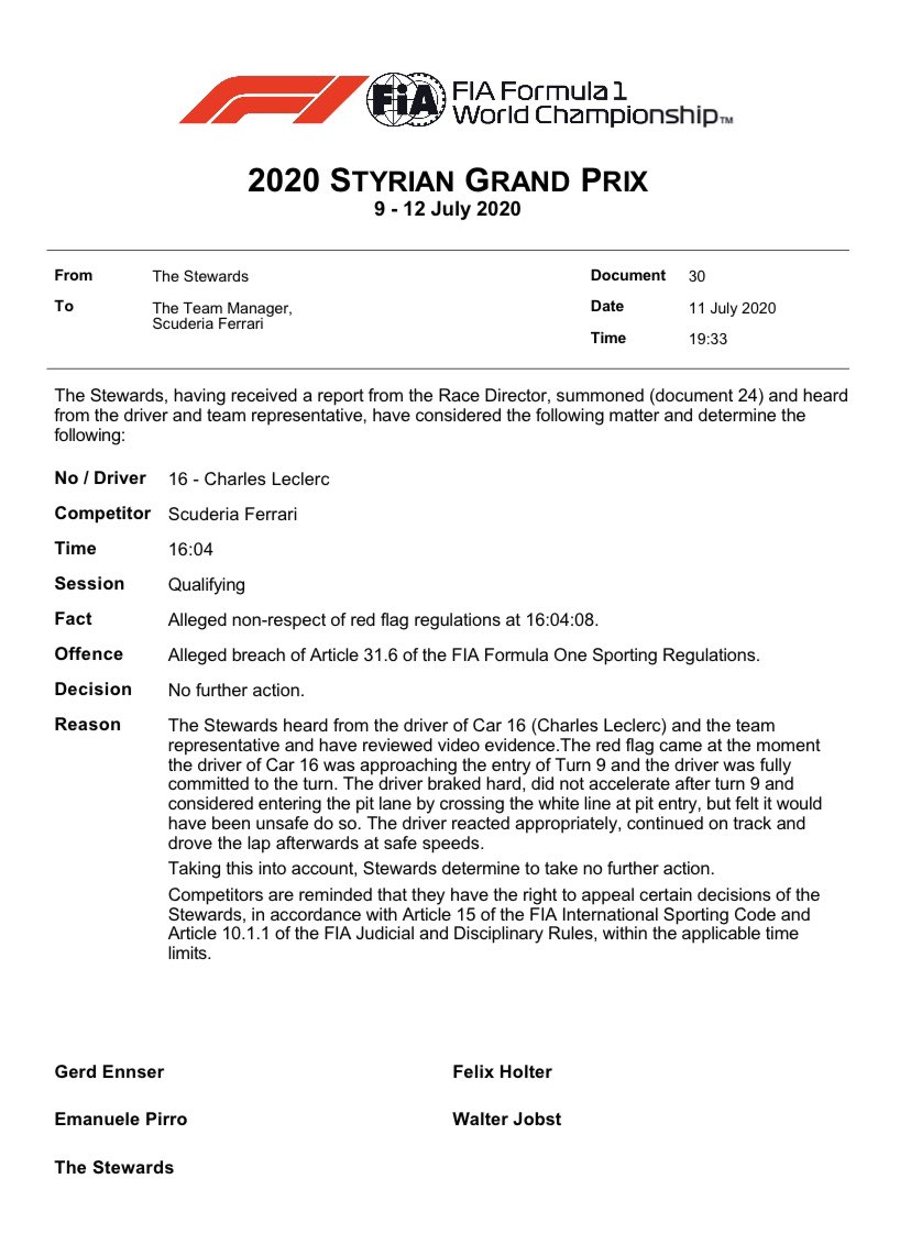 LeclercNews's tweet photo. Official confirmation by the FIA:

➡️ : three-place grid penalty + 1 penalty point for @Charles_Leclerc because of the incident with Kvyat..

➡️ : no further actions regarding the red flag incident.

Charles will start the race at P14 tomorrow...

#F1 #AustrianGP 🇦🇹 #Charles16 https://t.co/TF5xrZDEKn